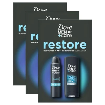 Image of Dove Men+Care Restore Collection Hydrating Clean Comfort Bodywash 250 ml, Classic 48H Protection Anti Perspirant 150 ml 2 Pieces Ready to Wrap Gift Set for Him,3pk