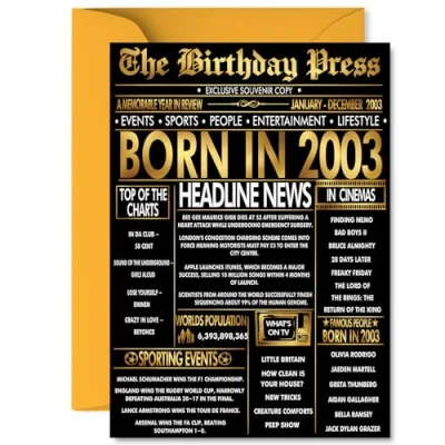 Image of Gold 22nd Birthday Card for Men Women Black &amp; Golden Newspaper Born in 2003 Happy 22 Cards Sister Grandson Niece Cousin Brother Friend, A5 Bday Greeting