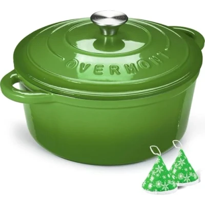 Image of Overmont 4.2L Enamelled Cast Iron Round Casserole Pot With Lid Cookbook &amp; Cotton Potholders Non stick Dutch Oven Cookware for Braising, Stews, Roasting, Bread Baking Green, 24cm