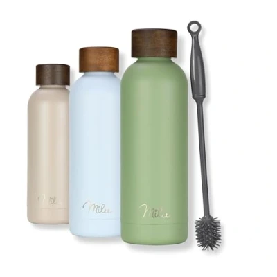 Image of Milu Stainless Steel Water Bottle 500ml 750ml 1L Vaccum Insulated Large Drink Flask Bottles Leakproof Keep Drinks Hot Cold for Bike Camping Sports Gym incl. Cleaning Brush (Olive Green, 1000ml)