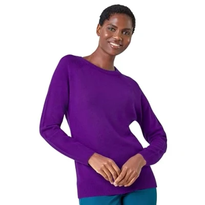 Image of Roman Originals Soft Jumper for Women UK Ladies Winter Autumn Sweater Knit Knitwear Round Crew Neck Top Plain Lightweight Comfy Long Sleeve Split Hem Everyday Daywear Purple Size 10