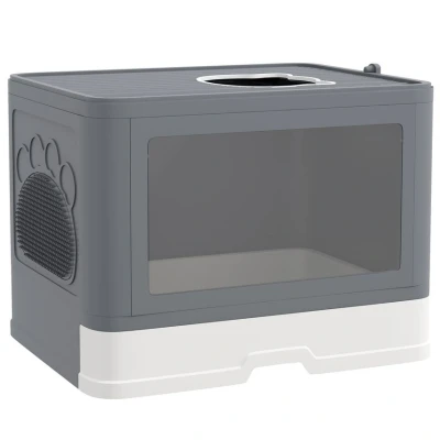 Image of PawHut Cat Litter Tray with Hood Box Brush, Front Entry, Top Exit, Removable Tray, Scoop, 48.5 x 38 36.5cm Grey