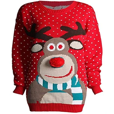 Image of Loxdonz Girls Boys Knitted Merry Christmas Xmas Snowflake Kids Reindeer Pom Jumper Sweater Top (9 10 Years, Rudolph Nose Red)