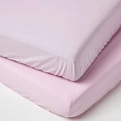 Image of HOMESCAPES Pink Cot Bed Fitted Sheets 70 x 140 cm 2 Pack 100% Egyptian Cotton Percale Soft Hypoallergenic Toddler Sheet Fully Elasticated Skirt Breathable Easy Care 200 TC 400 Thread Count Equiv