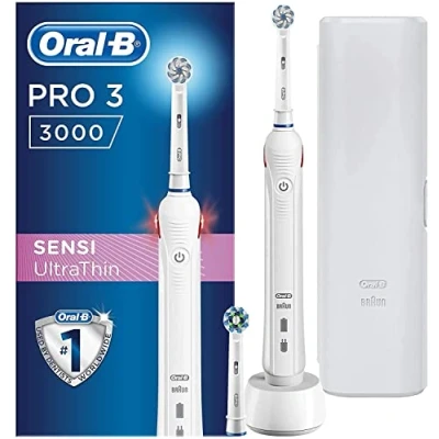 Image of Oral B Pro 3 Electric Toothbrush with Smart Pressure Sensor, Gifts for Women/Men, 2 Heads, Modes Sensitive Clean, Travel Case, Pin UK Plug, 3000, White