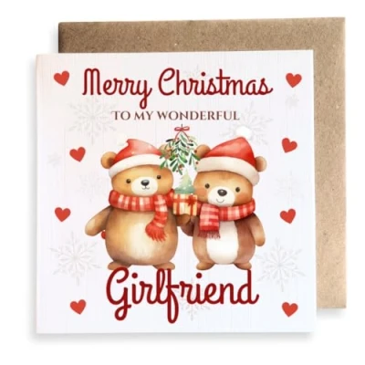 Image of Second Ave Girlfriend Bears Mistletoe Love Square Card Christmas Xmas Holiday Festive Greetings
