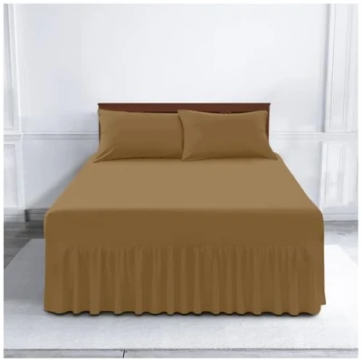 Image of GC GAVENO CAVAILIA Percale Valance Sheets King Size Polycotton Bed Sheet Frill Bedding Plain Dyed Non Iron Mocha