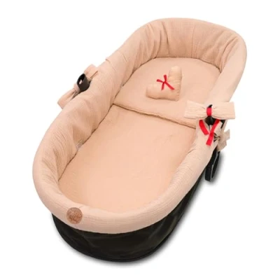Image of Border Muslin for prams Cover Baby Bath nest pram Accessories Set 3 Piece with Pillow and Mattress Beige