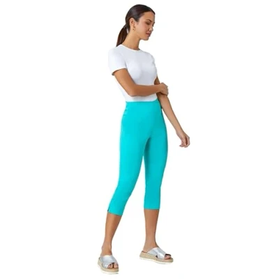 Image of Roman Womens Gingham Elastic Waist Stretch Cropped Trouser Blue Size 16 UK