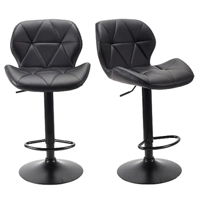 Image of WangPangzi Bar Stools Set of 2 Chairs,Modern Height Adjustable Kitchen With Backs, Swivel Faux Leather Island Chairs(All Black)