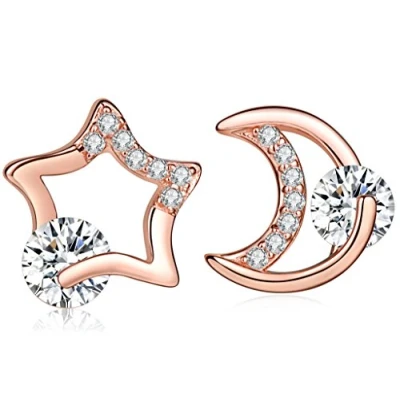 Image of Yumilok Jewelry 925 Sterling Silver Rose Gold Plated Cubic Zirconia Hollow Moon and Star Stud Hypoallergenic Earring for Women/Ladies/Girls