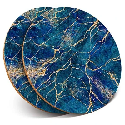 Image of 2 x Round Coasters Navy Blue Marble Stone Effect Cork Backed Home Kitchen Accessory Tea Coffee Mug Mat #21087