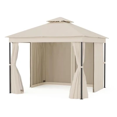 Image of blumfeldt Mondo Dual 3x3 Gazebo Double Roof, Mosquito Nets &amp; Curtains, Rust Resistant Metal Frame, Outdoor Garden Pavilion, Beige