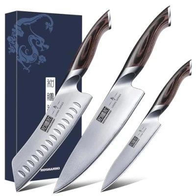 Image of HOSHANHO 3 Pieces Kitchen Knife Set, Professional Japanese Stainless Steel Chef Ultra Sharp Knives for with Ergonomic Pakkawood Handle