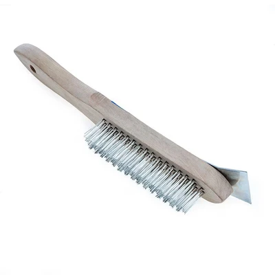 Image of HARD WIRE BRUSH. WOOD. METAL BRISTLES. SCRAPER. HANG HOLE. 4 ROW. SCRATCH.