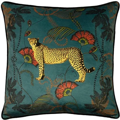 Image of Paoletti Tropical Cheetah Velvet Piped Feather Filled Cushion Teal One Size