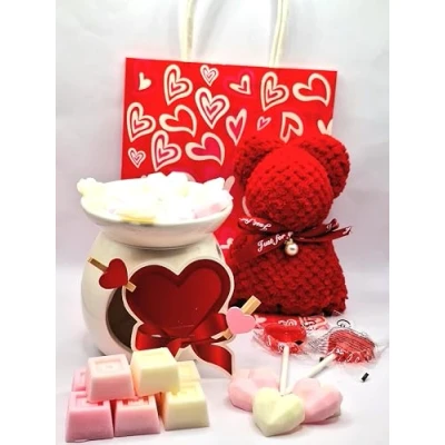 Image of Valentine&#039;s Day Gift Set with Scented Wax Melts, Ceramic Burner, Plush Bear and Sweets, 20 Pieces