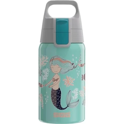 Image of SIGG Stainless Steel Kids Water Bottle Shield One Atlantis Suitable For Carbonated Beverages Leakproof Lightweight BPA Free Aqua with Mermaid 0.5L
