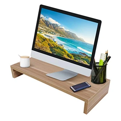 Image of Monitor Stand, Desk Riser Wood Color Stand for Desk, Ergonomic Laptop Printer Desktop, Storage Organizer Home and Office, 19.5 x 7.8 3 inch