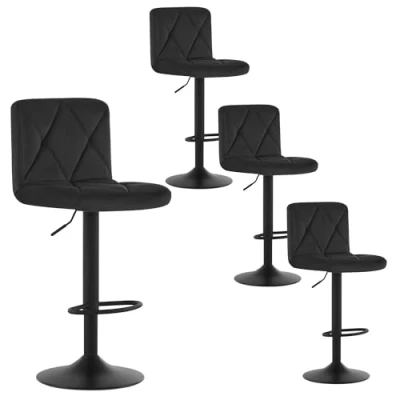 Image of Lestarain 4 Sets Bar Stools Breakfast Dining with Chrome Footrest and Base Swivel Gas Lift Elegant Flannel + Black Matte Simple Stool,Black