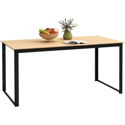 Image of Outsunny Garden Table for 6 People, 160 x 80 75 cm Rectangle Outdoor Dining with Slatted Top, Metal Frame, Balcony, Deck, Teak