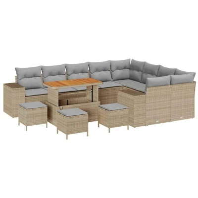 Image of vidaXL 13 Piece Garden Sofa Set with Cushions Beige Poly Rattan Acacia