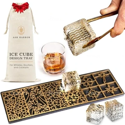Image of Ice Designer Tray Craft Modern Molds for Whiskey, Bourbon, &amp; Cocktails in 5 Seconds Whiskey Mold Cube Stamp Bartender Accessories Clear by Ash Harbor (Seasons)