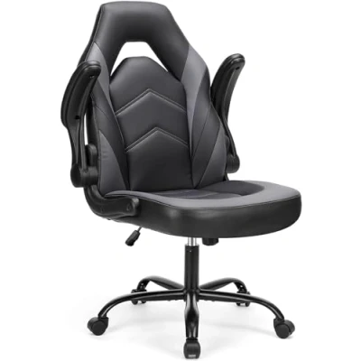 Image of Sweetcrispy Computer Gaming Desk Chair Ergonomic PU Leather with Comfy Lumbar Support, Height Adjustable Rolling Flip up Armrests, for Home and Office