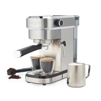 Image of Salter Espresso Machine with Milk Frother Single Or Double Shot, 20 Bar Italian Pressure Pump, Ground Coffee Compatible, 1.1L Detachable Water Tank, Includes Stainless Steel Jug, 1350W, EK6139