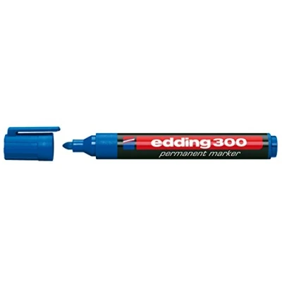 Image of edding 300 permanent marker blue 10 pens round tip 1.5 3 mm waterproof, quick drying, smear proof for cardboard, plastic, glass, wood, metal and fabric