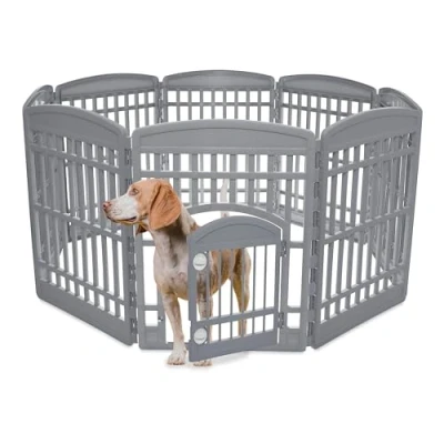 Image of Iris Ohyama Dog Pen with Lockable Door, H90cm, 8 Panels, Grey, Cage, Plastic, Puppy Enclosure, for Rabbit Runs, Indoors, Outdoors, Playpen Dogs, Cats, Rodents, Pets, Fence, Kennel, CI 908