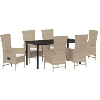 Image of vidaXL 7 Piece Garden Dining Set with Cushions Beige Poly Rattan