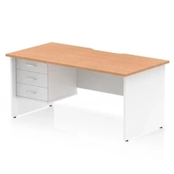 Image of Impulse 1600 x 800mm Scalloped Edge Straight Office Desk Oak Top White Panel End Leg Workstation 1 3 Drawer Fixed Pedestal