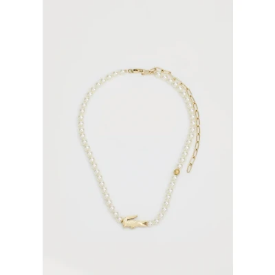 Image of Lacoste For Men and Women MATCHPOINT Collection Faux Pearls Necklace Bracelet with Different Charms in Yellow Gold Color Pearl Earrings a Crocodile