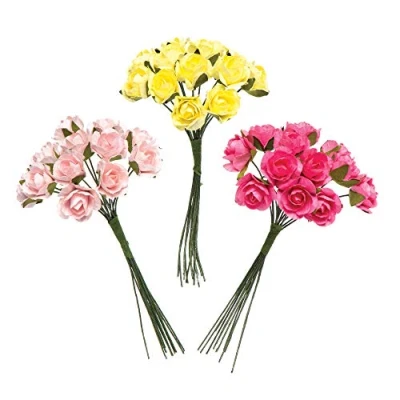 Image of Baker Ross AR284 Mini Paper Roses (Yellow/Dark Pink/Bright Pink), Perfect for Decorations, Collages and Displays (Pack of 30)
