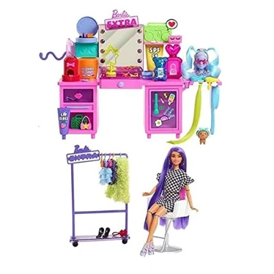 Image of Barbie Extra Doll &amp; Vanity Playset with Exclusive Doll, Pet Puppy, 45+ Pieces Including Clothes Accessories, Toy Gift for Kids 3Y+, GYJ70