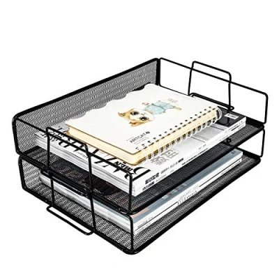 Image of EasyPAG 2 Tier A4 Mesh in Trays Stackable Office Desk Tidy File Holder Magazine Storage Paper Organiser,Black