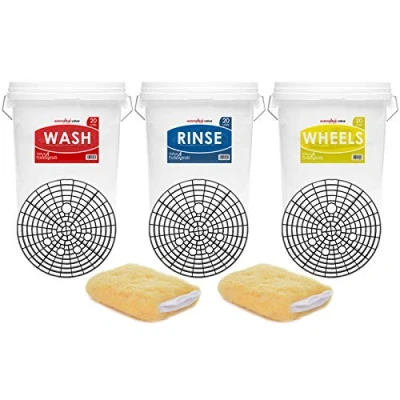 Image of 3 Car Wash Buckets &amp; Bucket Barriers Method/System Swirl Free Solution Mitts Wash, Rinse Wheels Label