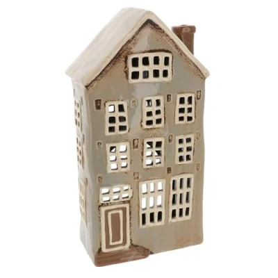 Image of Shudehill Giftware Village Pottery Tall Grey Townhouse Tealight Holder