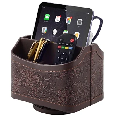 Image of 360 Rotating Remote Control Holder, TV Storage, PU Leather Organiser with 5 Compartments, Multifunctional Bedside Table, Desk Organiser, Office, Desk, Pen Retro