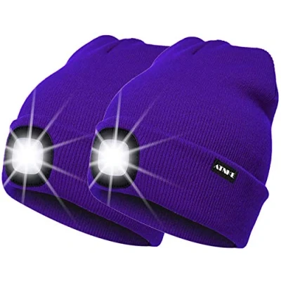 Image of ATNKE 2Pcs New Warm LED Lighted Beanie Cap Unisex USB Rechargeable Running Hat Ultra Bright 4 Waterproof Light Lamp Multi Color/Purple