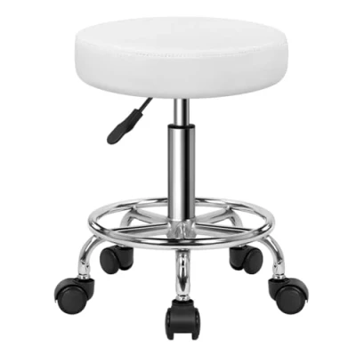 Image of KKTONER PU Leather Round Rolling Stool with Foot Rest Swivel Height Adjustment Spa Drafting Salon Tattoo Work Office Massage Stools Task Chair Small (White)