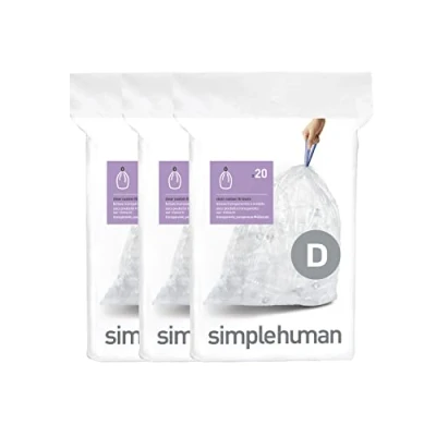 Image of simplehuman CW0278 code D Custom Fit Bin Liner Bulk Pack, Clear Plastic (3 Pack of 20, Total 60 Liners)