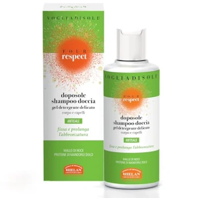 Image of Helan Vogliadisole Respect After Sun Shampoo &amp; Shower Gel for Body Hair to Fix Prolong Tan, Gentle Formula Wash Delicate on Skin with Sweet Almonds Proteins Made in Italy, 200 ml