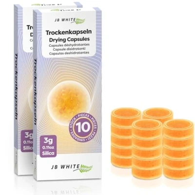 Image of JB White 20 Hearing Aid Drying Capsules for Phonak C&amp;C Dry Cap, Starkey and Unitron Charger Case Dehumidifier Orange Silica Desiccant Tablets (2 Pack, 20pcs, 3g)