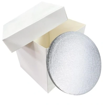 Image of LARRYROO Tall White Cake Box Extra Deep &amp; Silver Round Drum Board Combo For High Celebration, Wedding, Birthday Cakes (14&quot;)