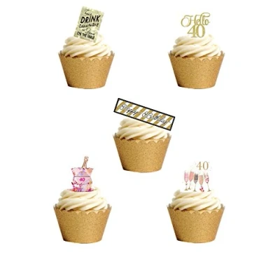 Image of 19 Stand Up Premium EDIBLE Wafer Paper Happy 40th Fortieth Birthday themed Cake Toppers Decorations by Top That