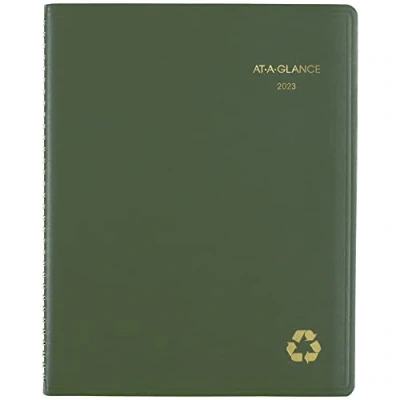 Image of AT A GLANCE 2023 Weekly &amp; Monthly Planner, Quarter Hourly Appointment Book, 8 1/4&quot; x 11&quot;, Large, Recycled, Tabs, Green (70950G60)