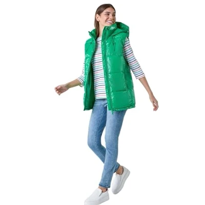 Image of Roman Originals Quilted Gilet with Hood for Women UK Ladies Sleeveless Coat Hooded Jacket Padded Bodywarmer Winter Lightweight Warm Autumn Funnel Neck Longline Soft Bubbly Green Gloss Size 18