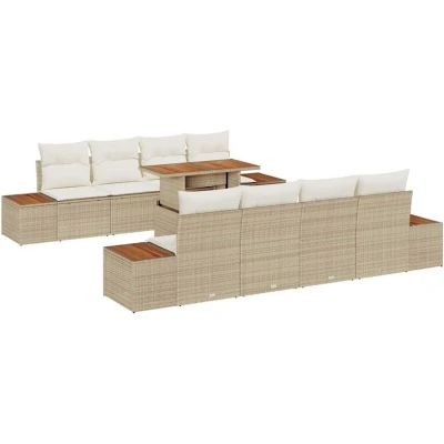 Image of Vidaxl 9 Piece Garden Sofa Set with Cushions Beige Poly Rattan